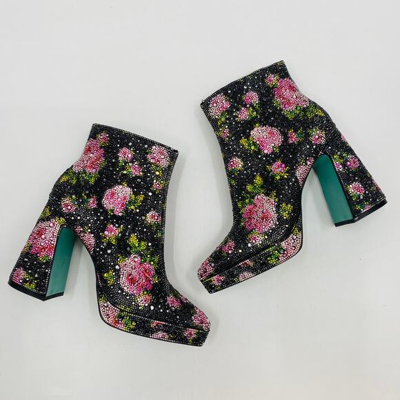 Betsey Johnson Della black floral rhinestone heel booties - Picture 1 of 7